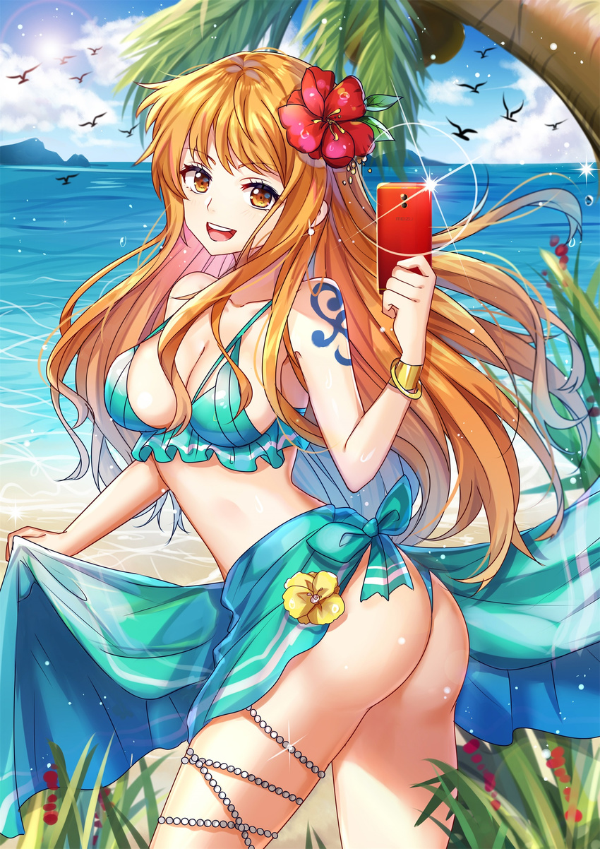 absurdres arched_back ass beach bird bra bracelet breasts cellphone cleavage cloud cloudy_sky collarbone commentary_request day dress earrings flower frilled_bra frills from_side gejigejier grass hair_flower hair_ornament highres holding jewelry leaning_forward long_hair looking_at_viewer medium_breasts mountain nami_(one_piece) ocean one_piece open_mouth orange_eyes orange_hair outdoors palm_tree phone sarong sky smartphone smile sparkle standing swimsuit tattoo tree twisted_torso underwear