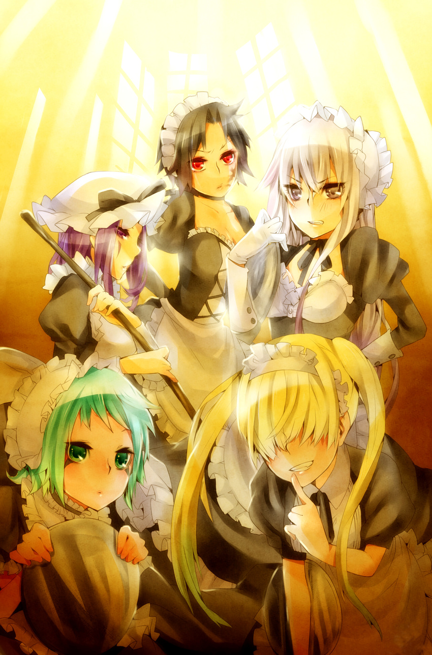 bad_pixiv_id belphegor_(reborn) blonde_hair breasts fran_(reborn) genderswap genderswap_(mtf) hair_over_eyes highres katekyo_hitman_reborn! long_hair maid mame_(enndoumame2009) mammon_(reborn) medium_breasts multiple_girls short_hair small_breasts superbi_squalo xanxus