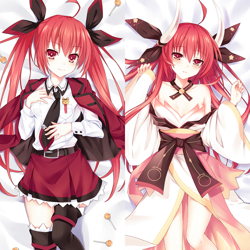 belt black_footwear black_neckwear black_ribbon boots breasts breeze_(wcf) candy cleavage collarbone dakimakura date_a_live eyebrows_visible_through_hair food from_above hair_between_eyes hair_ribbon horns itsuka_kotori japanese_clothes kimono lollipop long_hair looking_at_viewer lying miniskirt multiple_views neck_ribbon on_back parted_lips pleated_skirt red_eyes red_hair red_skirt ribbon shirt skirt small_breasts smile thigh_boots thighhighs twintails uniform very_long_hair white_shirt