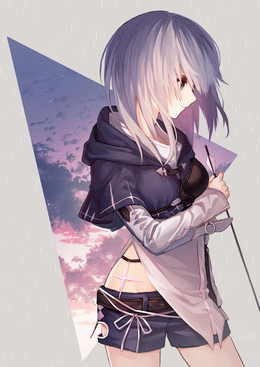 argyle arm_at_side arrow bangs belt black_capelet black_shorts breasts brown_belt capelet closed_mouth cloud cloudy_sky commentary_request contrapposto cowboy_shot expressionless floating_hair from_side gradient_sky grey_background grey_eyes grey_hair groin haizome_senri highres holding holding_arrow hood hood_down hooded_capelet long_sleeves looking_away medium_hair muneate original outside_border profile ribbon shirt short_shorts shorts side_slit sky small_breasts solo standing star star_(sky) starry_sky twilight unzipped white_ribbon white_shirt zipper zipper_pull_tab
