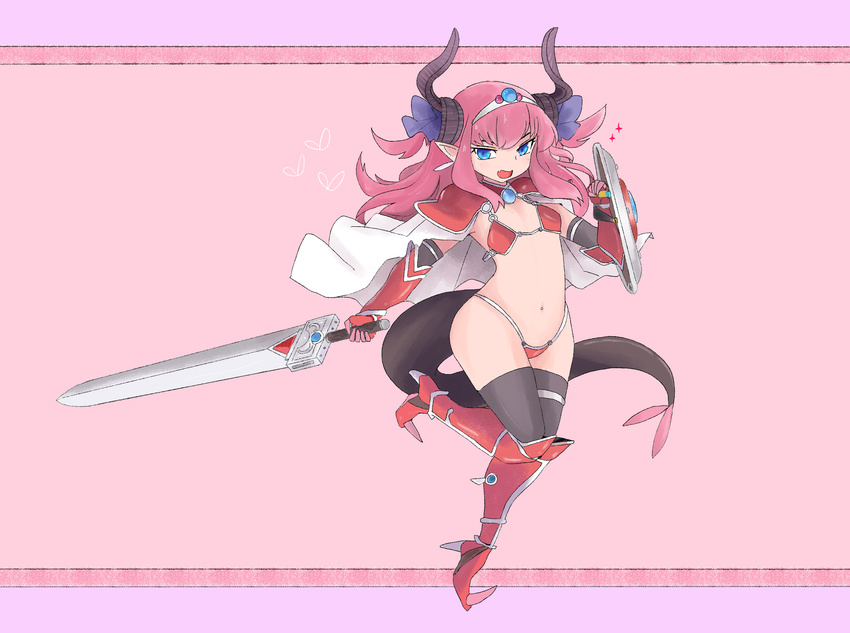 :d absurdres armor bangs bikini bikini_armor blue_eyes boots cape commentary detached_sleeves dragon_girl dragon_horns dragon_tail elbow_gloves elizabeth_bathory_(brave)_(fate) elizabeth_bathory_(fate)_(all) fang fate/grand_order fate_(series) gauntlets gem gloves hair_ornament hairband highres holding holding_shield holding_sword holding_weapon horns knee_boots latenight long_hair looking_at_viewer navel open_mouth pink_background pink_hair red_footwear shield shoulder_armor silver_trim smile solo sparkle spaulders standing standing_on_one_leg swimsuit sword tail thighhighs thighhighs_under_boots weapon white_cape