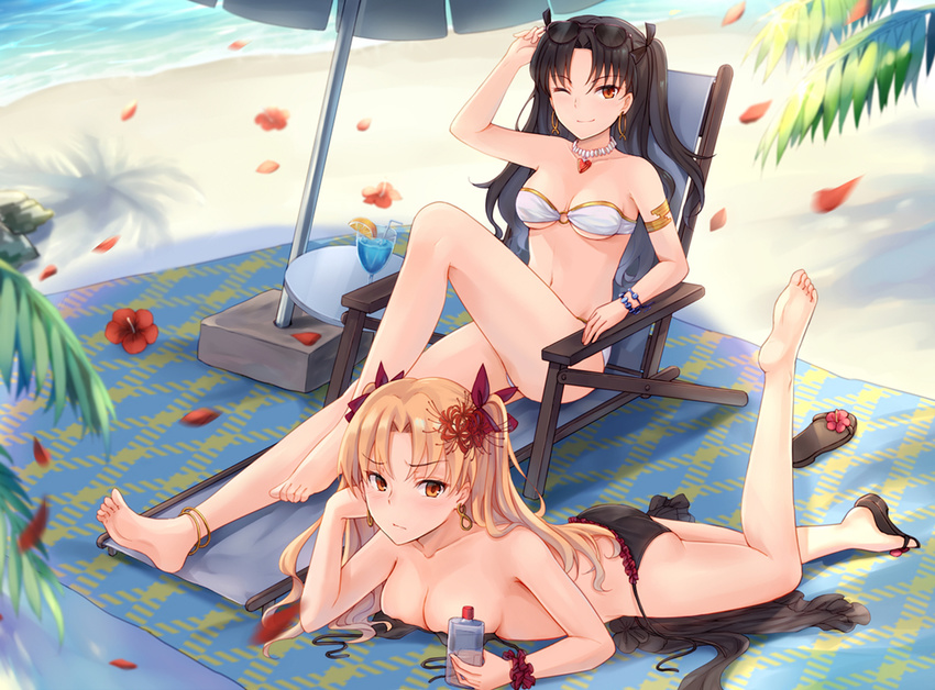 ass barefoot bikini black_hair blonde_hair blush cup drinking_glass dual_persona earrings ereshkigal_(fate/grand_order) eyewear_on_head fate/grand_order fate_(series) feet flower ishtar_(fate/grand_order) jewelry leg_up long_hair long_legs looking_at_viewer lotion multiple_girls necklace petals red_eyes smile sunglasses sunscreen swimsuit twintails two_side_up yuemanhuaikong