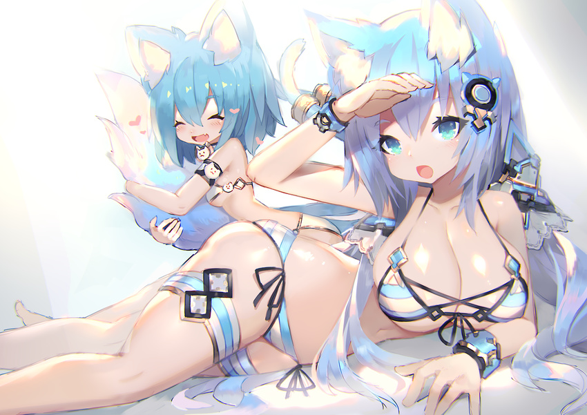 animal_ear_fluff animal_ears armlet bikini bracelet breasts cat_ears cat_tail fox_ears fox_tail headgear jewelry large_breasts lying mamuru multiple_girls multiple_tails on_side original simple_background small_breasts swimsuit tail tail_hug thigh_strap white_background
