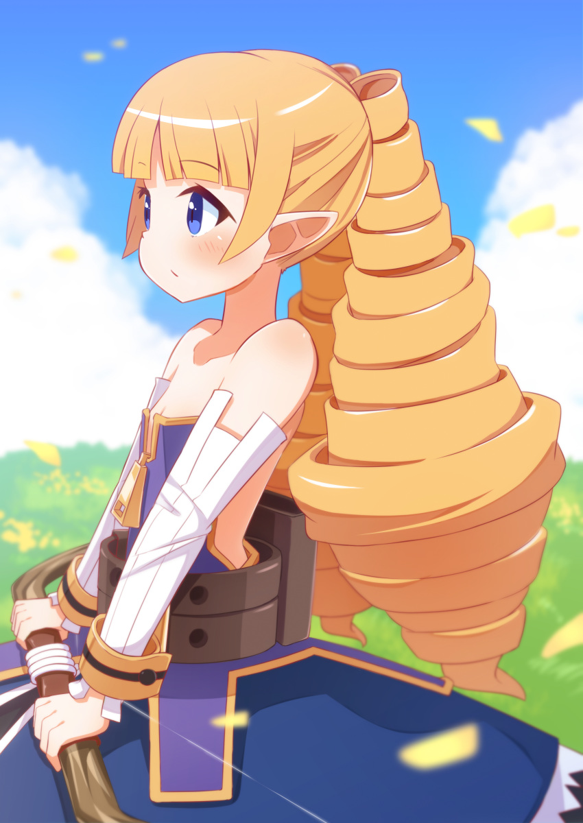 1girl absurdres archer_(disgaea) arm_warmers bare_shoulders belt blonde_hair blue_dress blue_eyes bow_(weapon) closed_mouth cowboy_shot disgaea dress drill_hair expressionless flat_chest highres holding holding_bow_(weapon) holding_weapon long_hair looking_away petals pointy_ears solo twin_drills weapon white_sleeves yuya090602