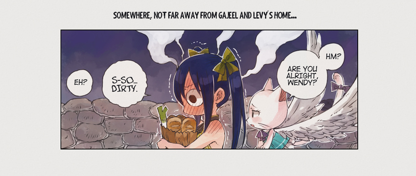 2girls ? @_@ bag blue_hair blush bow bowtie bread brick_wall cat charle_(fairy_tail) comic confused embarrassed fairy_tail food hair_bow multiple_girls night night_sky outdoors rusky shopping_bag shoulder_blush sky spring_onion steam trembling twintails wendy_marvell wings