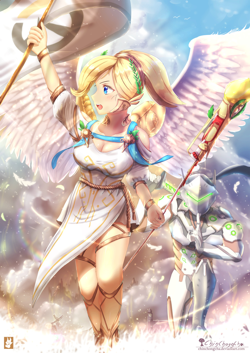1girl absurdres alternate_costume armor artist_name black_hair blonde_hair blue_eyes bodysuit breasts chinchongcha cleavage collarbone cowboy_shot cyborg dress feathered_wings fine_art_parody flag genji_(overwatch) head_wreath helmet high_ponytail highres holding holding_flag holding_staff holding_sword holding_weapon katana laurel_crown liberty_leading_the_people logo looking_at_viewer looking_to_the_side mask mechanical_wings medium_breasts mercy_(overwatch) open_mouth outdoors overwatch parody pelvic_curtain power_armor sheath short_hair short_sleeves signature spread_wings staff sword toga unsheathing watermark weapon web_address white_dress winged_victory_mercy wings