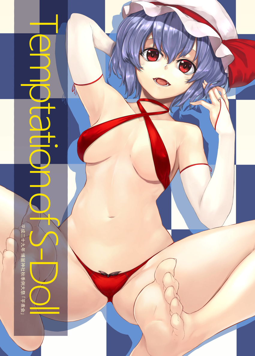 absurdres armpits bad_id bad_pixiv_id bangs bare_shoulders barefoot blue_hair breasts breasts_apart bridal_gauntlets covered_nipples criss-cross_halter elbow_gloves fangs gloves halterneck hat hat_ribbon highres looking_at_viewer medium_breasts mob_cap navel open_mouth red_eyes red_ribbon red_swimsuit remilia_scarlet ribbon short_hair slingshot_swimsuit smile solo spread_legs stomach sudako_(dai011305) swimsuit thighs touhou underboob white_gloves white_hat