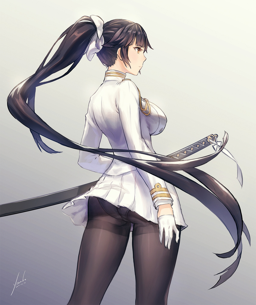 aiguillette anbe_yoshirou artist_name ass azur_lane bangs black_hair black_legwear breasts brown_eyes closed_mouth commentary_request dated eyebrows_visible_through_hair floating_hair gloves gradient gradient_background gusset half_gloves highres katana large_breasts legs_apart long_hair looking_to_the_side military military_uniform miniskirt panties panties_under_pantyhose pantyhose pleated_skirt ponytail profile sheath sheathed sidelocks signature skirt solo standing sword takao_(azur_lane) thighband_pantyhose thighs underwear uniform very_long_hair weapon white_gloves white_skirt