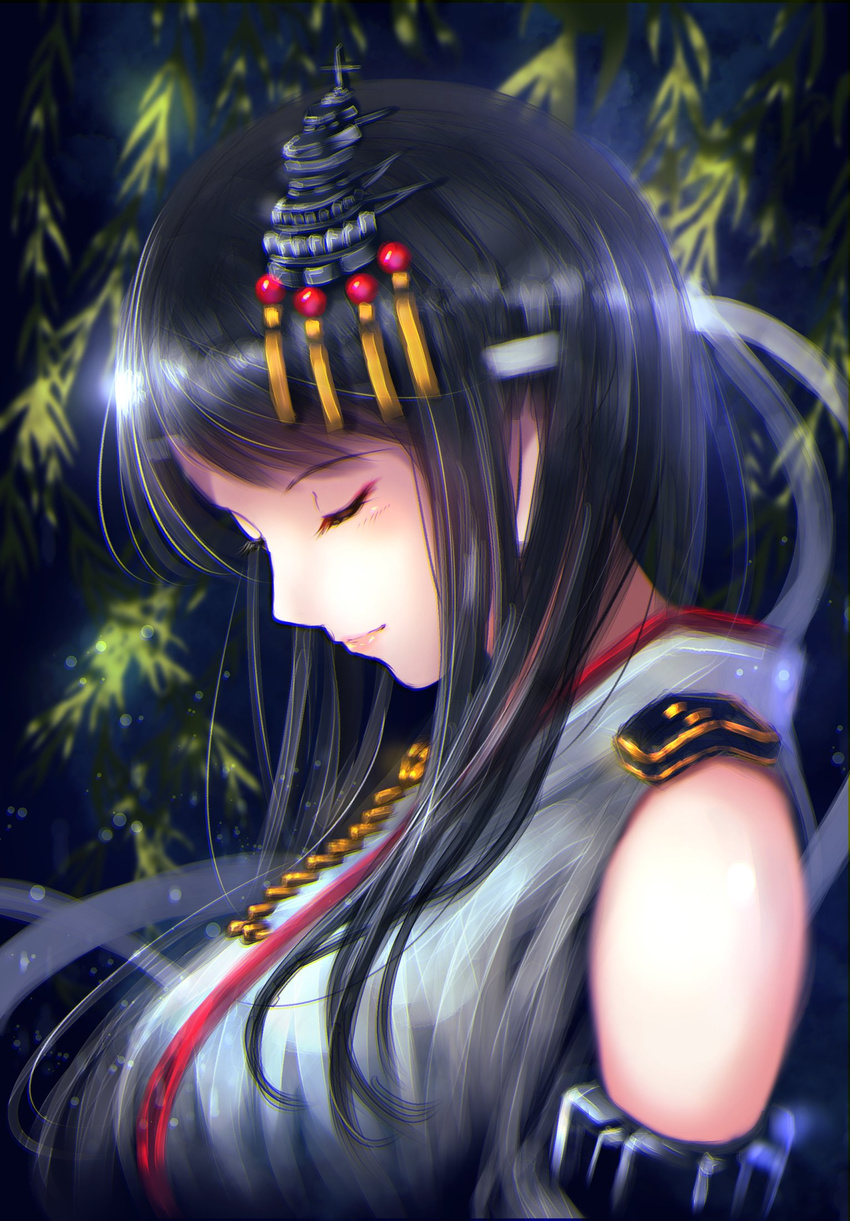 black_hair breasts closed_eyes commentary_request detached_sleeves from_side fusou_(kantai_collection) hair_ornament headgear highres japanese_clothes kantai_collection kazu_(otonoki86) large_breasts long_hair nontraditional_miko solo upper_body