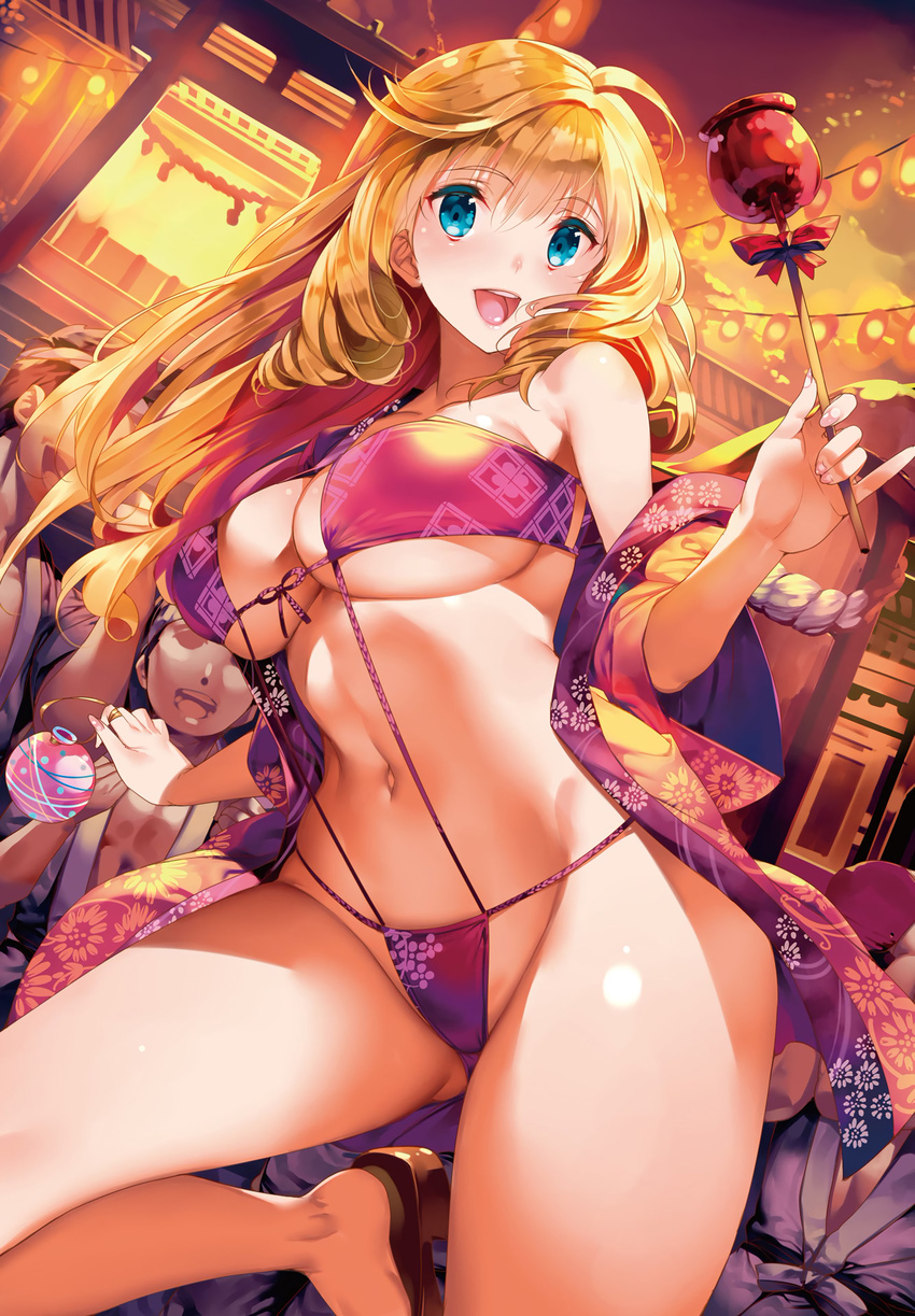 ass_visible_through_thighs bangs bare_legs bare_shoulders barefoot bikini blonde_hair blue_eyes blush breasts candy_apple cleavage comic_penguin_club dutch_angle eyebrows_visible_through_hair eyepatch_bikini faceless faceless_male fingernails floral_print food front-tie_bikini front-tie_top highres japanese_clothes kimono large_breasts leg_up long_hair looking_at_viewer looking_away multi-strapped_bikini navel non-web_source off_shoulder open_clothes open_kimono open_mouth outdoors pinky_out purple_bikini saburou_(hgmg) sandals string_bikini swimsuit underboob yukata