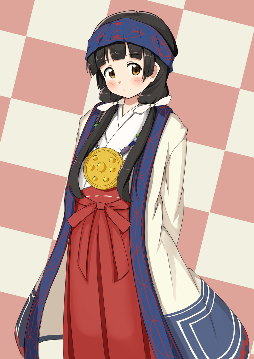 absurdres ainu_clothes amayadori_machi arms_behind_back bangs black_hair blue_headband blunt_bangs brown_eyes checkered checkered_background closed_mouth coat commentary_request flat_chest hair_ribbon hakama headband highres japanese_clothes kohakope kumamiko long_hair looking_at_viewer low_twintails medallion miko overcoat red_hakama ribbon smile solo standing twintails two-tone_background white_ribbon
