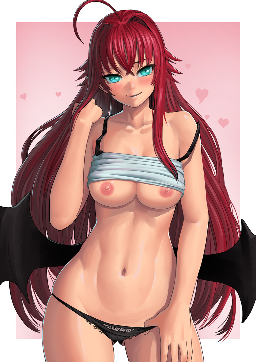 adjusting_hair ahoge aqua_eyes ass_visible_through_thighs bare_shoulders black_panties blush breasts cowboy_shot demon_wings groin head_tilt heart high_school_dxd highres lace lace-trimmed_panties large_breasts lasterk long_hair looking_at_viewer navel nipples off_shoulder outside_border paid_reward panties parted_lips patreon_reward red_hair rias_gremory shirt_lift sleeveless smile solo strap_slip underboob underwear wings