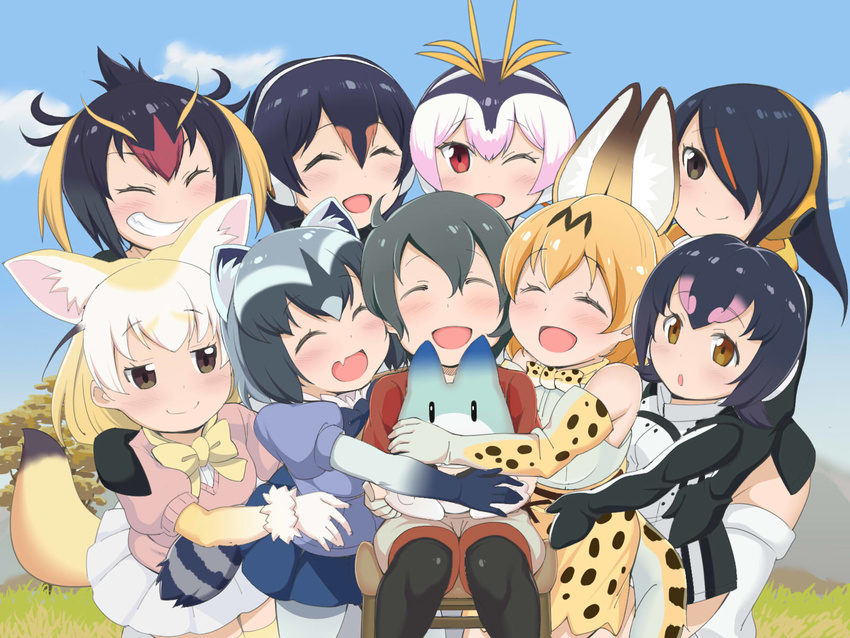 :d :o ;d ^_^ ahoge animal_ears bare_shoulders black_eyes black_gloves black_hair black_legwear black_neckwear blonde_hair blue_sky bow bowtie brown_eyes chair closed_eyes cloud common_raccoon_(kemono_friends) day elbow_gloves emperor_penguin_(kemono_friends) extra_ears fang fennec_(kemono_friends) fox_ears fox_tail gentoo_penguin_(kemono_friends) girl_sandwich gloves grass grey_hair grin group_hug hair_between_eyes happy headphones highres hug humboldt_penguin_(kemono_friends) kaban_(kemono_friends) kemono_friends lucky_beast_(kemono_friends) multicolored_hair multiple_girls nature one_eye_closed open_mouth outdoors pantyhose pantyhose_under_shorts penguins_performance_project_(kemono_friends) pink_hair print_gloves print_neckwear print_skirt puffy_short_sleeves puffy_sleeves purple_hair raccoon_ears raccoon_tail red_eyes red_hair red_shirt rockhopper_penguin_(kemono_friends) royal_penguin_(kemono_friends) sandwiched serval_(kemono_friends) serval_ears serval_print serval_tail shirt short_hair short_sleeves shorts sitting skirt sky sleeveless sleeveless_shirt smile striped_tail sumemako tail tree white_hair white_shirt white_skirt yellow_neckwear