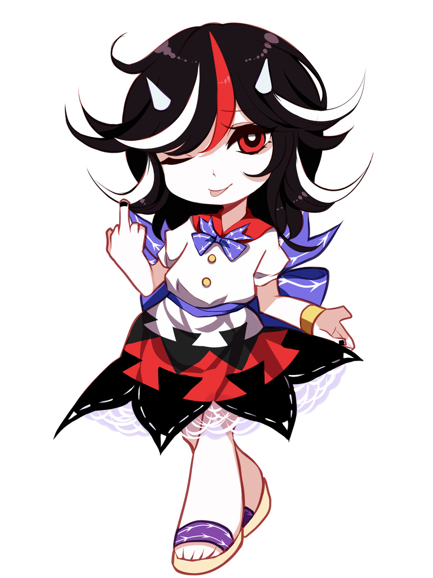absurdres bad_id bad_pixiv_id black_hair blue_bow bow bracelet chibi dress highres horns jewelry kijin_seija middle_finger multicolored_hair one_eye_closed red_eyes red_hair sash sheya simple_background streaked_hair tongue tongue_out touhou white_background white_hair