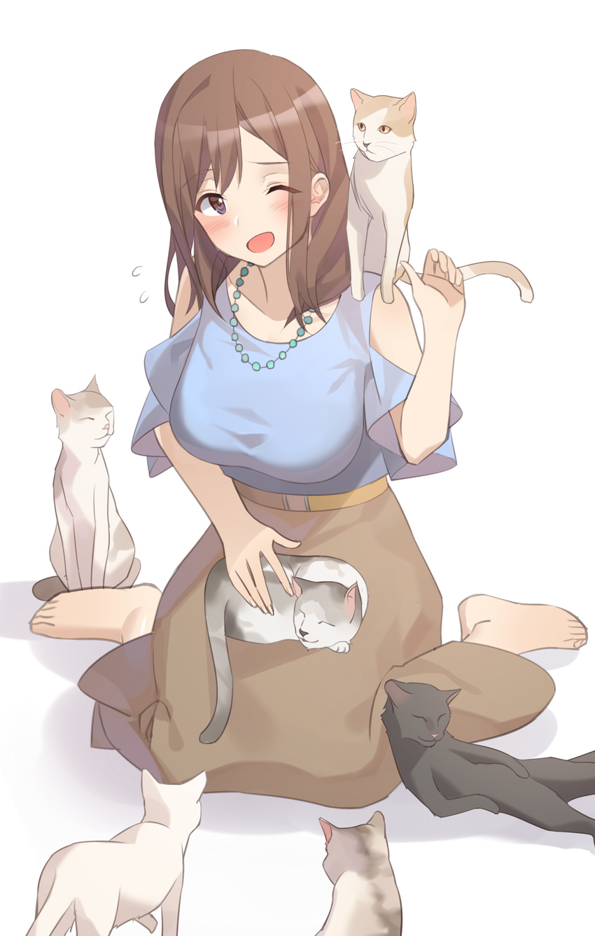 ;d barefoot blush breasts brown_hair brown_skirt cat cat_on_lap collarbone flying_sweatdrops highres jewelry kitazawa_(embers) large_breasts necklace one_eye_closed open_mouth original purple_eyes seiza simple_background sitting skirt smile white_background
