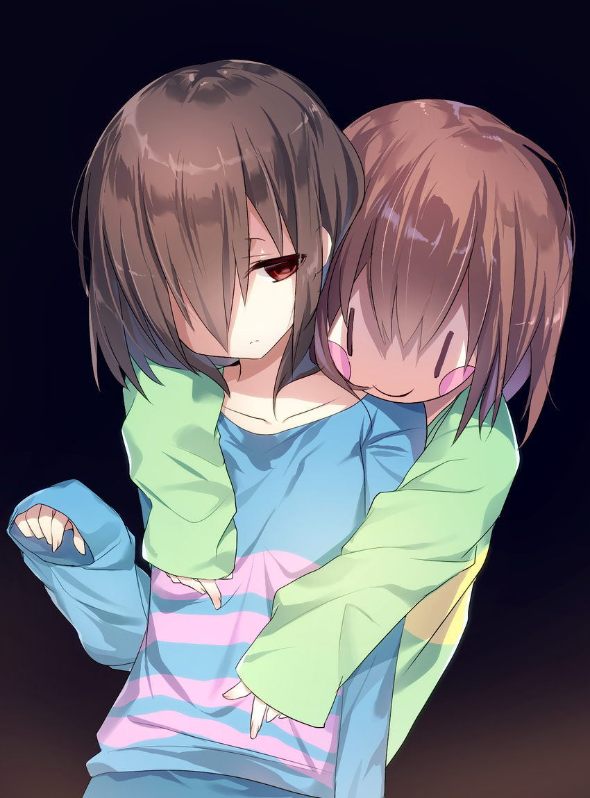 androgynous arm_at_side bangs blue_background blue_shirt blush_stickers brown_hair chara_(undertale) closed_mouth collarbone commentary_request emia_(castilla) frisk_(undertale) gradient gradient_background green_shirt hair_between_eyes hair_over_one_eye half-closed_eyes hand_up head_tilt highres hug hug_from_behind long_sleeves looking_at_another looking_down multiple_others red_eyes shiny shiny_hair shirt short_hair sleeves_past_wrists smile striped striped_shirt undertale |_|