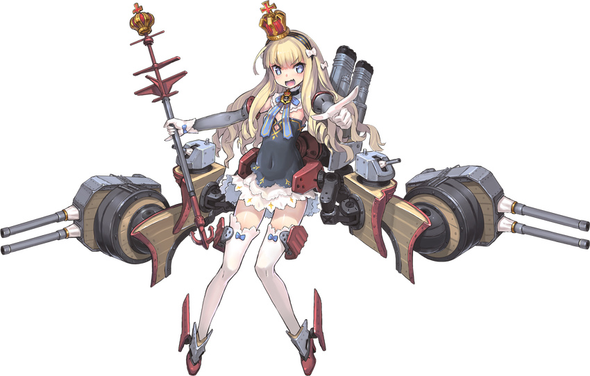 :d anchor_symbol azur_lane black_choker black_hairband blonde_hair blue_bow blue_eyes blue_ribbon blush bow cannon choker covered_navel crown detached_sleeves eyebrows_visible_through_hair fang flat_chest full_body gloves grey_shirt hair_bow hair_ornament hairband headband high_heels highres holding holding_weapon index_finger_raised lino-lin long_hair long_sleeves looking_at_viewer machinery mast mini_crown miniskirt navel official_art open_mouth pointing pointing_at_viewer queen_elizabeth_(azur_lane) red_footwear ribbon rigging shirt shoes skirt smile solo staff steam tachi-e teeth thighhighs tongue transparent_background turret v-shaped_eyebrows wavy_hair weapon white_bow white_gloves white_legwear white_skirt zettai_ryouiki