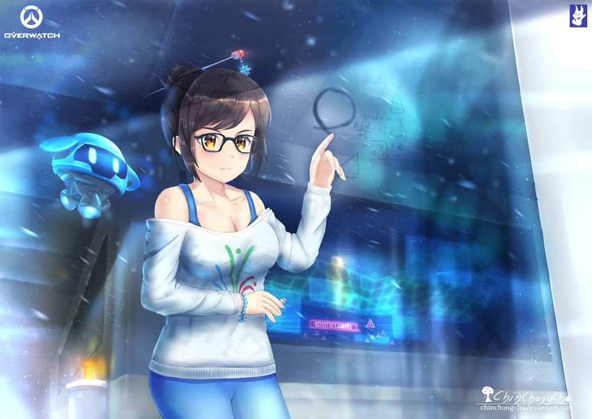 artist_name black-framed_eyewear blue_pants blue_shirt breasts brown_eyes brown_hair chinchongcha cleavage collarbone drawing drone ecopoint_mei floating glass glasses gloves hair_bun hair_ornament hair_stick highres indoors large_breasts long_sleeves looking_at_viewer math mei_(overwatch) overwatch pants robot shirt short_hair signature snowball_(overwatch) solo tank_top trigonometry upper_body watermark web_address white_shirt