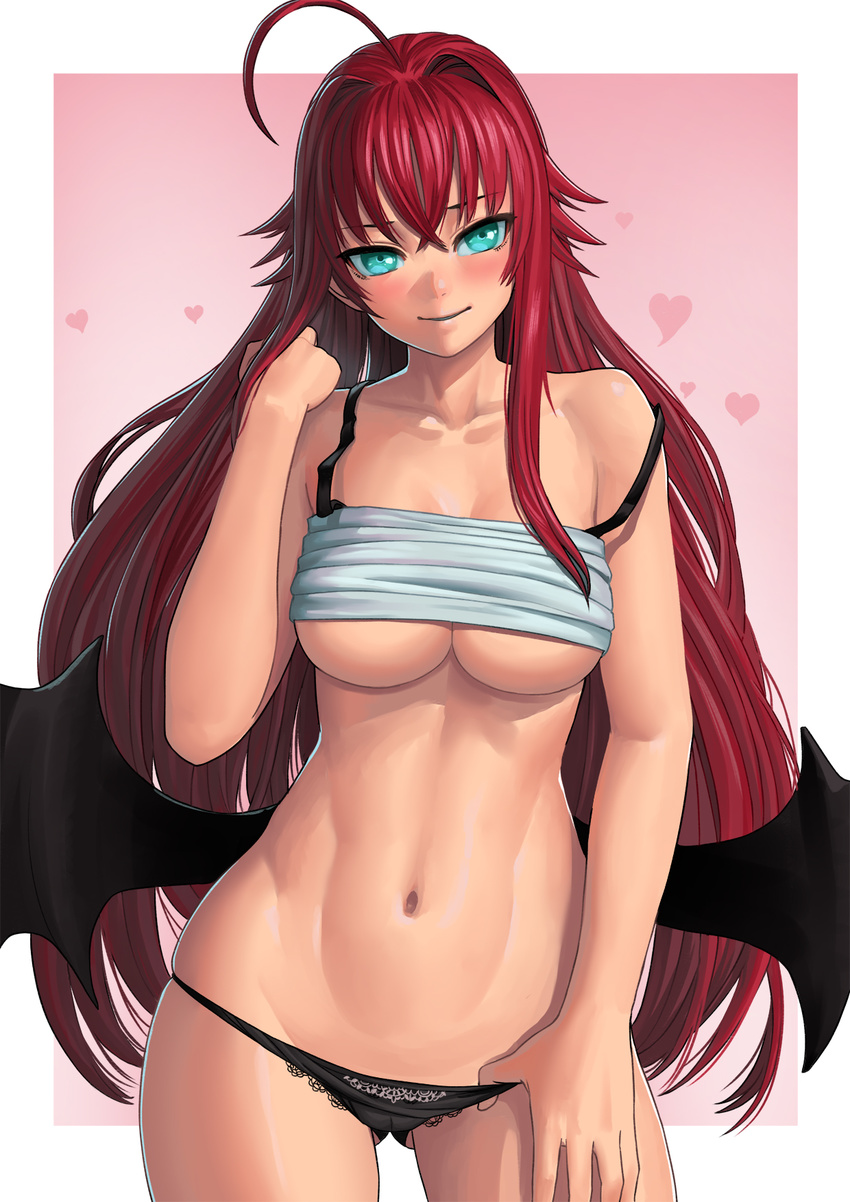 adjusting_hair ahoge aqua_eyes ass_visible_through_thighs bare_shoulders black_panties blush breasts cowboy_shot demon_wings groin head_tilt heart high_school_dxd highres lace lace-trimmed_panties large_breasts lasterk long_hair looking_at_viewer navel off_shoulder outside_border paid_reward panties parted_lips patreon_reward red_hair rias_gremory shirt_lift sleeveless smile solo strap_slip underboob underwear wings