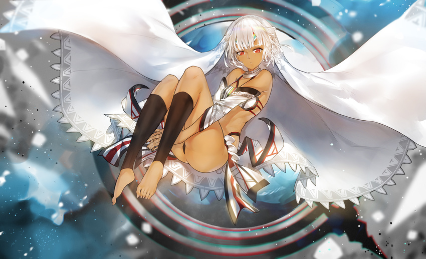 altera_(fate) ass bangs black_panties blunt_bangs bra choker dark_skin detached_sleeves fate/grand_order fate_(series) full_body highres horz leg_warmers looking_at_viewer panties parted_lips red_eyes short_hair silver_hair solo underwear