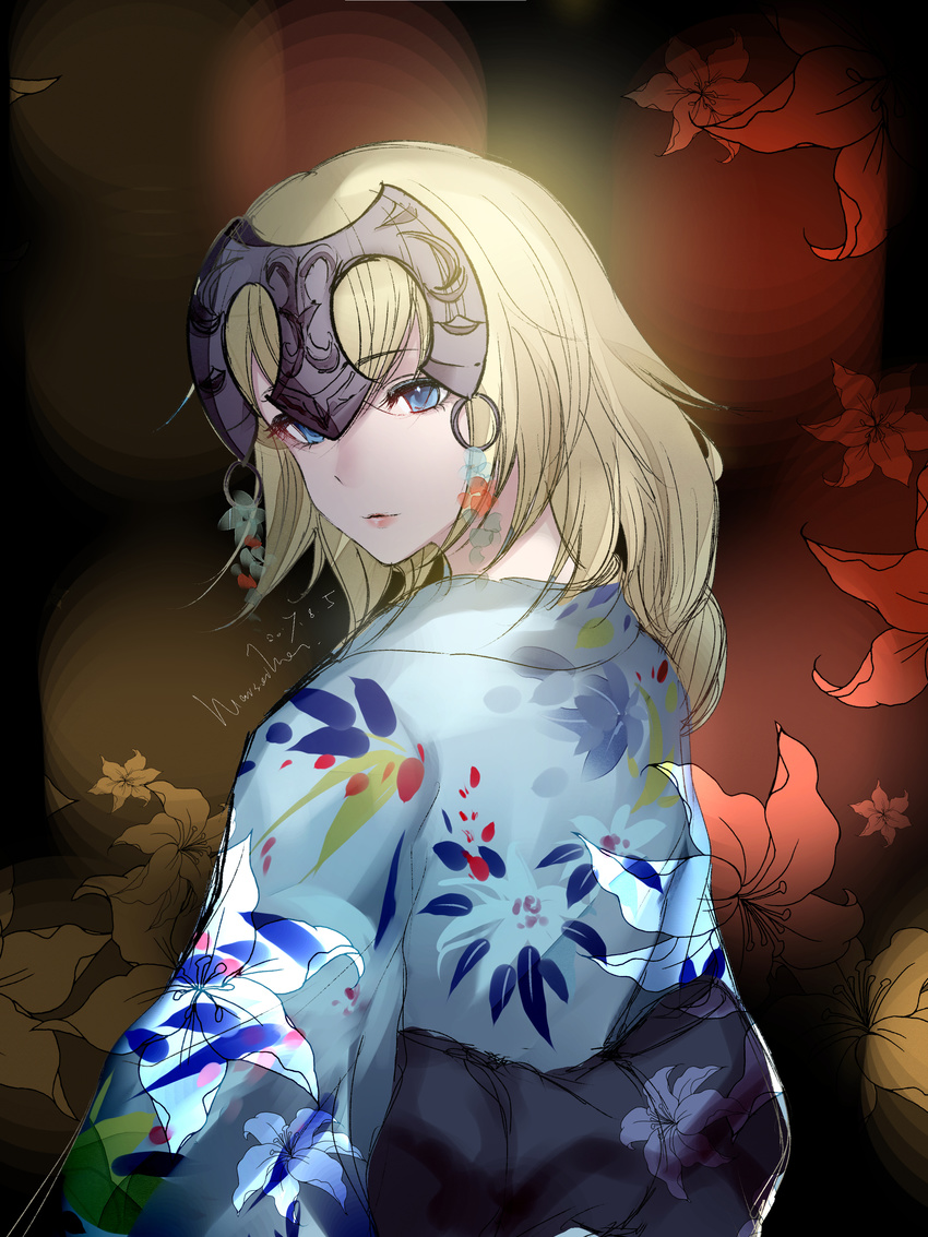 2017 absurdres alternate_costume bad_id bad_pixiv_id blue_eyes dated fate/apocrypha fate/grand_order fate_(series) flower_request headpiece highres japanese_clothes jeanne_d'arc_(fate) jeanne_d'arc_(fate)_(all) kimono kleinlight long_hair looking_at_viewer obi sash signature sketch solo wide_sleeves yukata