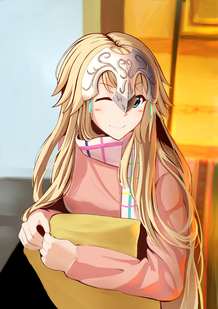 ;) absurdres alternate_costume blonde_hair blue_eyes blush casual congtou_bingtang fate/apocrypha fate_(series) headpiece highres jeanne_d'arc_(fate) jeanne_d'arc_(fate)_(all) long_hair one_eye_closed scarf sketch smile solo upper_body
