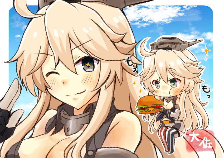 american_flag_legwear artist_name blonde_hair blue_eyes breasts chibi chibi_inset eating elbow_gloves food front-tie_top gloves hair_between_eyes hamburger holding holding_food iowa_(kantai_collection) kantai_collection large_breasts long_hair mismatched_legwear multiple_views one_eye_closed smile sparkle star star-shaped_pupils symbol-shaped_pupils taisa_(kari) thighhighs