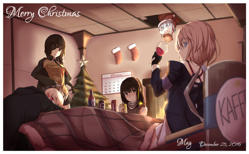 alcohol anti-rain_(girls_frontline) artist_name black_eyes black_hair blonde_hair blue_eyes blush blush_stickers box calendar_(object) can chibi christmas christmas_stocking christmas_tree commentary_request cup dated drinking_glass gift gift_box girls_frontline gloves head_on_table headphones headphones_around_neck highres hk416_(girls_frontline) hood hooded_jacket jacket kotatsu m16a1_(girls_frontline) m4_sopmod_ii_(girls_frontline) m4a1_(girls_frontline) mag_(mag42) merry_christmas multicolored_hair multiple_girls necktie pink_hair red_eyes red_hair santa_costume shemagh smile solid_circle_eyes st_ar-15_(girls_frontline) streaked_hair sweater_vest table wine wine_glass
