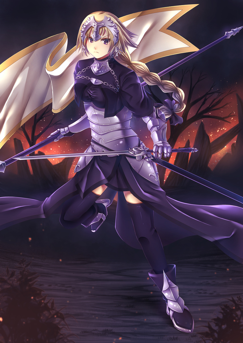 &gt;:( absurdres armor armored_boots armored_dress blonde_hair boots braid breasts chain embers fate/apocrypha fate_(series) frown hair_ribbon headpiece highres jeanne_d'arc_(fate) jeanne_d'arc_(fate)_(all) large_breasts long_braid long_hair looking_at_viewer purple_eyes purple_legwear purple_ribbon ribbon scabbard sheath single_braid solo standard_bearer standing standing_on_one_leg sword thighhighs thighs v-shaped_eyebrows waist_cape weapon zephx