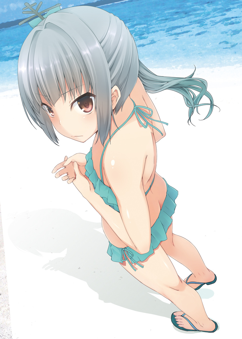 aqua_bikini aqua_footwear ass bad_anatomy bare_arms bare_legs beach bikini bikini_skirt brown_eyes butt_crack closed_mouth day dutch_angle eyebrows_visible_through_hair flat_chest flip-flops frilled_bikini frills from_above grey_hair hair_ornament halterneck highres kantai_collection kasumi_(kantai_collection) long_hair looking_at_viewer looking_back looking_up nagami_yuu non-web_source outdoors own_hands_together sandals side-tie_bikini side_ponytail solo standing swimsuit