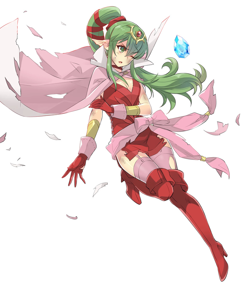 blush breasts cape chiki dress fire_emblem fire_emblem:_kakusei fire_emblem:_monshou_no_nazo fire_emblem_heroes full_body gloves green_eyes green_hair hair_ribbon highres itou_noiji jewelry long_hair mamkute medium_breasts official_art one_eye_closed open_mouth pointy_ears ponytail ribbon stone torn_clothes transparent_background