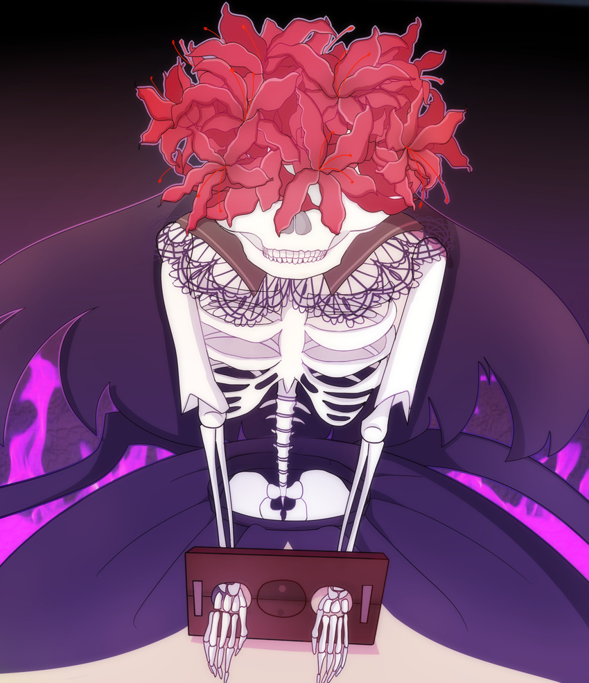 1girl bone flower homulilly long_hair mahou_shoujo_madoka_magica mahou_shoujo_madoka_magica_movie ribs skeleton skull solo spider_lily spine spoilers stocks witch_(madoka_magica)