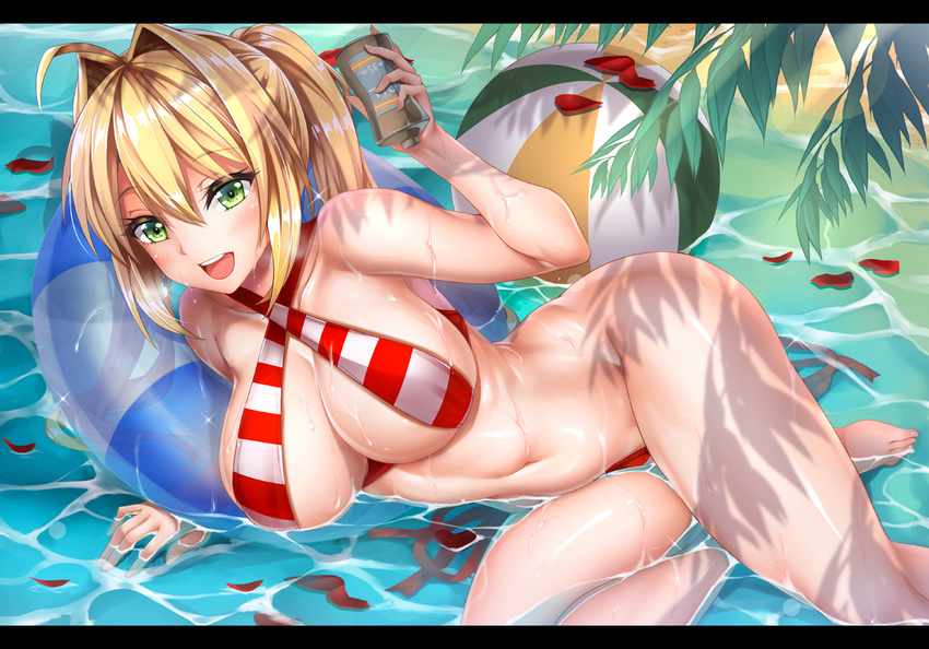 ahoge ball bare_legs beach bikini blonde_hair blush breasts commentary_request criss-cross_halter day fate/grand_order fate_(series) green_eyes hair_intakes halterneck holding innertube large_breasts leaf letterboxed long_hair looking_at_viewer lotion navel nero_claudius_(fate)_(all) nero_claudius_(swimsuit_caster)_(fate) oni-noboru open_mouth partially_submerged smile solo striped striped_bikini sunscreen swimsuit twintails wet
