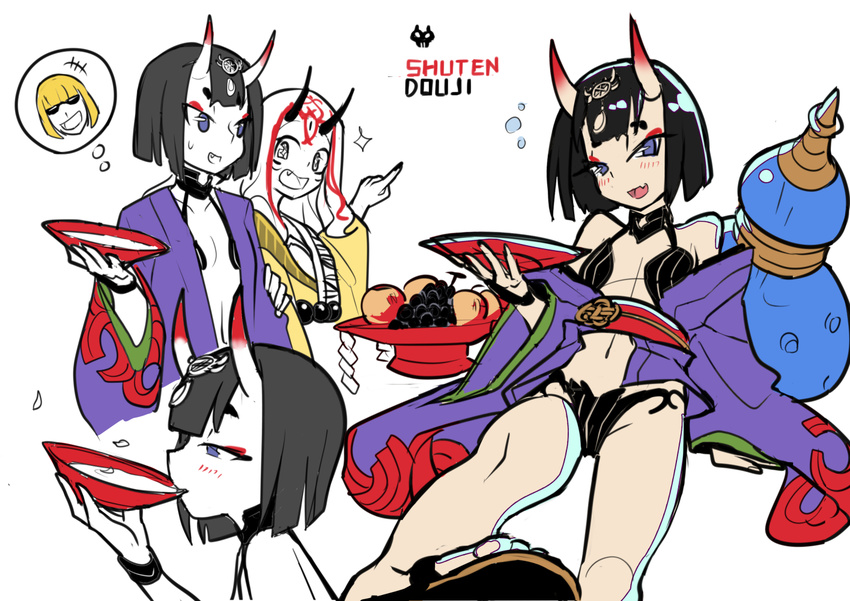 alcohol black_hair breasts cup eyeliner fangs fate/grand_order fate_(series) food fruit headpiece horns ibaraki_douji_(fate/grand_order) japanese_clothes kimono makeup multiple_girls oni oni_horns purple_eyes revealing_clothes sakata_kintoki_(fate/grand_order) sakazuki sake sen-jou short_eyebrows short_hair shuten_douji_(fate/grand_order) simple_background small_breasts white_background