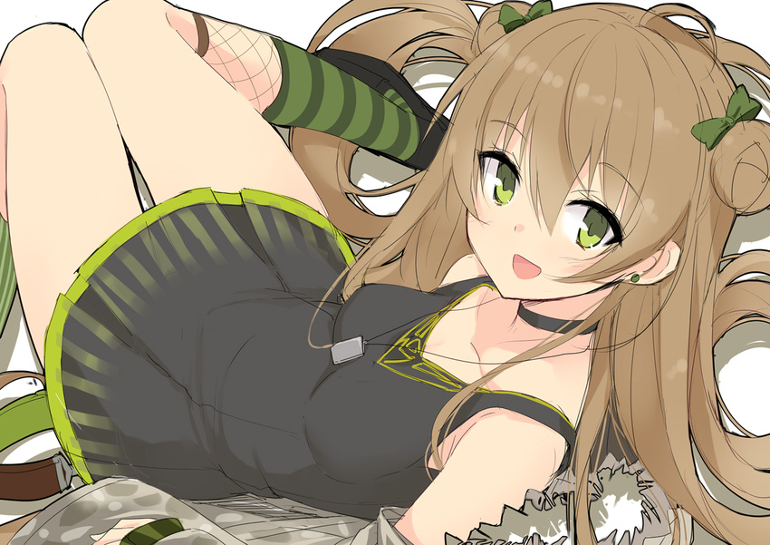 ahoge aixioo black_dress black_footwear bow breasts brown_hair choker collarbone double_bun dress earrings from_above girls_frontline green_eyes hair_bow jewelry knees_together_feet_apart looking_at_viewer lying on_back open_mouth pendant reclining rfb_(girls_frontline) sketch small_breasts striped striped_legwear thigh_gap