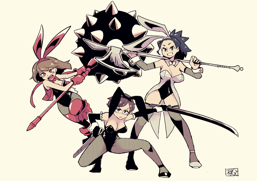 3girls animal_ears arms_up bare_shoulders beige_background black_footwear black_gloves black_legwear black_leotard blue_eyes blue_hair blush breasts brown_eyes brown_hair bunny_ears bunny_girl bunny_tail bunnysuit cleavage detached_collar elbow_gloves fake_animal_ears fake_tail female fishnet_legwear fishnet_pantyhose fishnets freckles full_body gloves halberd half-closed_eyes holding_weapon large_breasts leg_lift legs_apart leotard looking_at_viewer mace matching_hair/eyes medium_breasts multiple_girls open_mouth original paw_shoes ponytail red_eyes red_gloves red_legwear red_shoes red_vest running scabbard sharp_teeth shoes short_hair simple_background smile spread_legs squatting standing sword tail teeth text thighhighs tied_hair translation_request vest watson weapon white_shoes wrist_cuffs