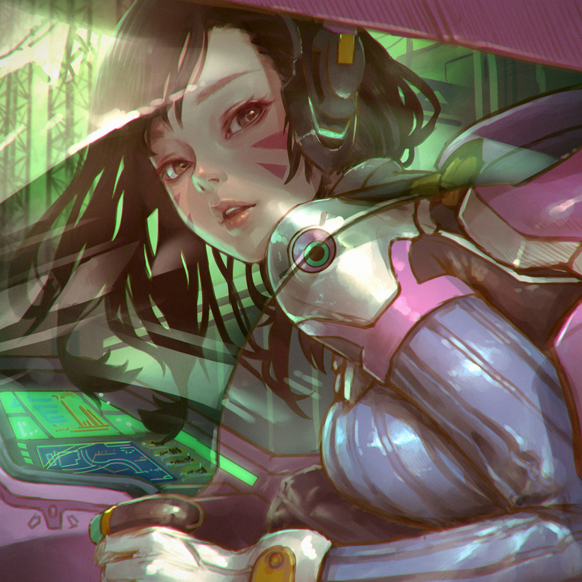 bodysuit breast_press brown_eyes brown_hair commentary_request controller d.va_(overwatch) highres joystick kaburagi_yasutaka long_hair looking_at_viewer looking_back looking_to_the_side mecha overwatch screen solo upper_body user_interface