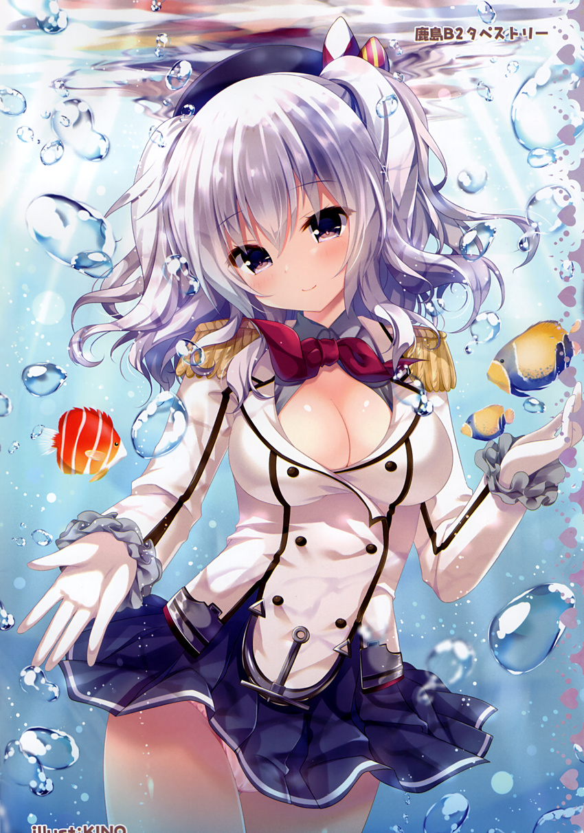 absurdres air_bubble angelfish artist_name bangs beret blue_eyes breasts bubble cleavage detached_sleeves eyebrows_visible_through_hair fish gloves hat highres kantai_collection kashima_(kantai_collection) kino_(kino_konomi) large_breasts long_hair military military_uniform miniskirt panties pleated_skirt scan silver_hair skirt smile solo twintails underwater underwear uniform wavy_hair white_gloves