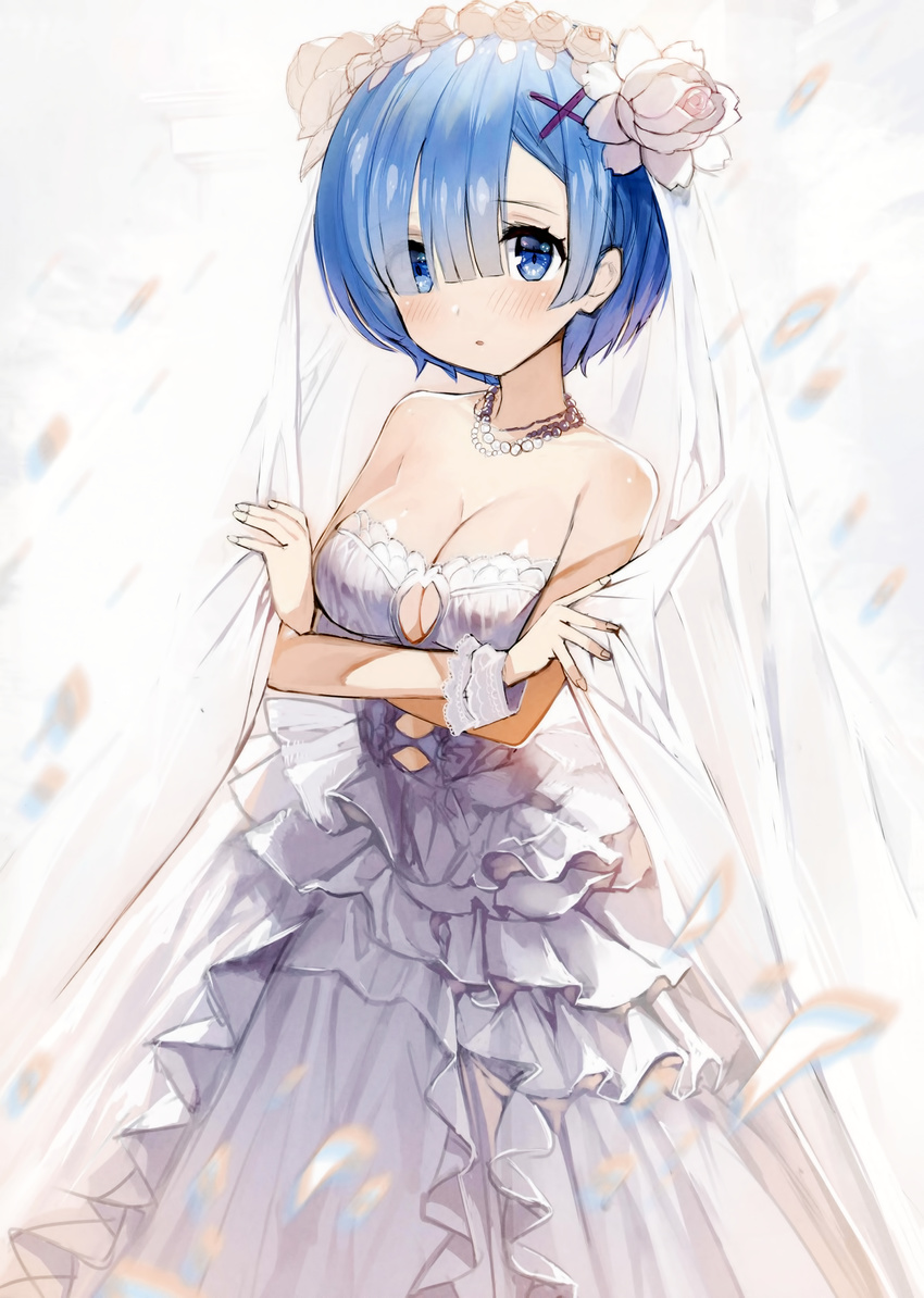 absurdres bare_shoulders blue_eyes blue_hair breasts bridal_veil cleavage crossed_arms dress eyes_visible_through_hair flower hair_ornament hair_over_one_eye hairband highres jewelry large_breasts lolita_hairband looking_at_viewer matsui_hiroaki necklace non-web_source parted_lips pearl_necklace re:zero_kara_hajimeru_isekai_seikatsu rem_(re:zero) scan short_hair solo strapless strapless_dress veil wedding_dress white_dress wrist_cuffs x_hair_ornament