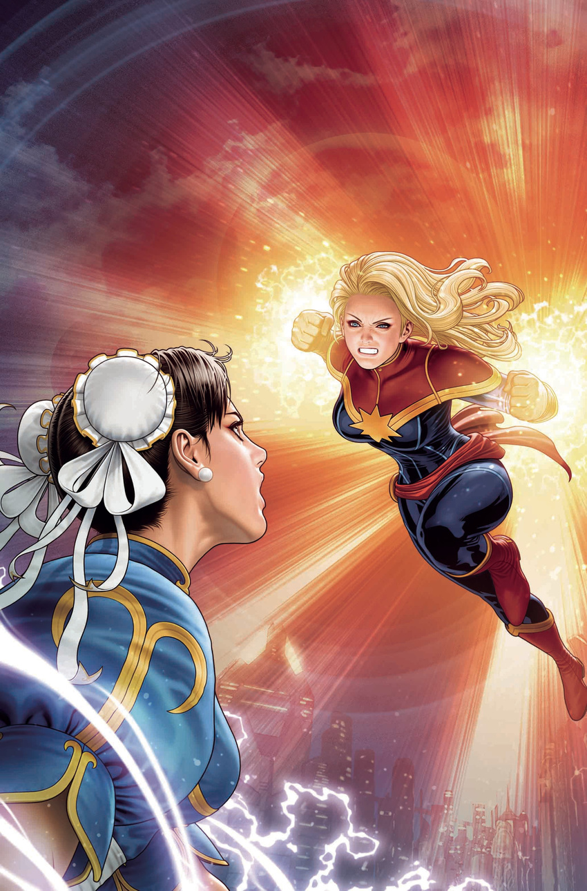 absurdres ass aura bared_teeth battle blonde_hair blue_dress bodysuit boots breasts brown_hair capcom captain_marvel carol_danvers china_dress chinese_clothes chun-li cityscape clenched_hands crossover double_bun dress earrings emphasis_lines faceoff glowing_hands highres incoming_punch jewelry large_breasts long_hair marvel marvel_vs._capcom marvel_vs._capcom_infinite mori_toshiaki multiple_girls official_art puffy_short_sleeves puffy_sleeves sash short_hair short_sleeves street_fighter superhero