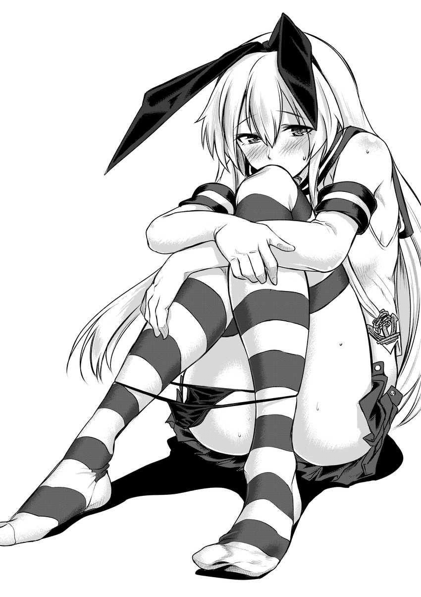 ass bare_shoulders blush bow commentary_request covered_mouth elbow_gloves embarrassed eyebrows_visible_through_hair full_body gloves greyscale hair_between_eyes hair_bow hairband highres huge_bow kantai_collection kawajuu leg_hug long_hair looking_at_viewer micro_panties miniskirt monochrome no_shoes panties panty_pull pleated_skirt sailor_collar school_uniform serafuku shimakaze_(kantai_collection) shirt simple_background sitting skirt sleeveless sleeveless_shirt solo striped striped_legwear sweat thighhighs underwear white_background