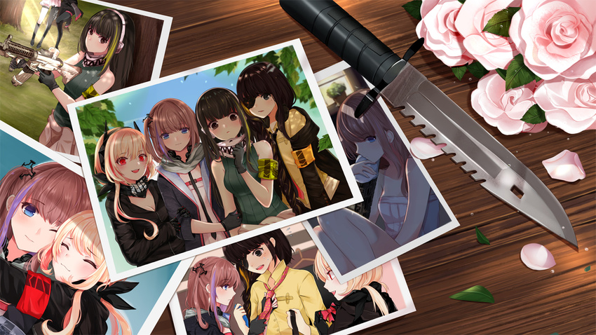 ^_^ anti-rain_(girls_frontline) armband assault_rifle bandana bangs black_eyes black_gloves black_hair black_neckwear blonde_hair blue_eyes blush braid breasts brown_eyes brown_hair chu_(huaha1320) closed_eyes closed_mouth collared_shirt commentary_request eyebrows_visible_through_hair eyepatch flower girls_frontline gloves green_hair gun hair_between_eyes hairband headgear holding holding_gun holding_weapon hood hoodie hug jacket knife leaf light_smile looking_at_viewer m16a1_(girls_frontline) m4_carbine m4_sopmod_ii_(girls_frontline) m4a1_(girls_frontline) mole mole_under_eye multicolored_hair necktie one_eye_closed one_side_up open_clothes open_jacket open_mouth parted_lips petals photo_(object) pink_flower pink_rose purple_hair red_eyes red_hair ribbed_sweater rifle rose scarf shirt sidelocks single_braid sleeveless small_breasts smile st_ar-15_(girls_frontline) streaked_hair sweater teeth trigger_discipline weapon white_scarf yellow_shirt