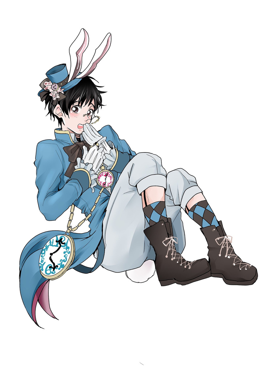 alice_in_wonderland animal_ears bad_id bad_pixiv_id black_hair boots brown_eyes bunny_ears bunny_tail coat cosplay cross-laced_footwear gloves hand_to_own_mouth hat highres katsuki_yuuri lace-up_boots male_focus mini_hat mini_top_hat monocle open_mouth pocket_watch saeko_(artist) smile tail top_hat watch white_gloves white_rabbit white_rabbit_(cosplay) yuri!!!_on_ice