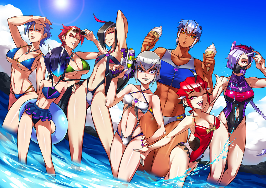 ;) abs ahoge annotated armpits bangs bikini black_hair blue_hair blue_sky braid breakdown breasts cleavage cloud commentary_request competition_swimsuit dark_skin day decepticon dog_tags dreadwing dutch_angle flat_chest frilled_swimsuit frills gas_mask genderswap genderswap_(mtf) goggles goggles_on_head green_bikini grin gun hair_over_one_eye hand_on_hip handgun highres ice_cream_cone knockout_(transformers) large_breasts lens_flare long_hair medium_breasts megatron multicolored_hair multiple_girls muscle muscular_female nail_polish navel navel_cutout ocean one-piece_swimsuit one_eye_closed oppai_loli personification pistol purple_hair purple_nails red_eyes red_hair ryuusei_(mark_ii) shockwave_(transformers) short_hair single_braid sky skyquake small_breasts smile snorkel soundwave starscream streaked_hair summer sunglasses swimsuit tankini transformers transformers_prime two-tone_hair very_long_hair visor wading water weapon white_hair yellow_eyes