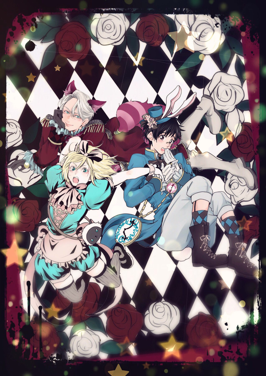:o alice_(wonderland) alice_(wonderland)_(cosplay) alice_in_wonderland animal_ears apron bad_id bad_pixiv_id black_gloves black_hair blonde_hair blue_eyes boots bow brown_eyes brown_legwear bunny_ears bunny_tail cat_ears cat_tail checkered checkered_background cheshire_cat cheshire_cat_(cosplay) coat cosplay cross-laced_footwear epaulettes flower gloves green_eyes hair_bow hat highres katsuki_yuuri lace-up_boots male_focus mary_janes mini_hat mini_top_hat multiple_boys open_mouth pocket_watch puffy_shorts red_flower red_rose rose saeko_(artist) shoes shorts silver_hair smile star tail thighhighs top_hat viktor_nikiforov watch white_flower white_gloves white_rabbit white_rabbit_(cosplay) white_rose yuri!!!_on_ice yuri_plisetsky