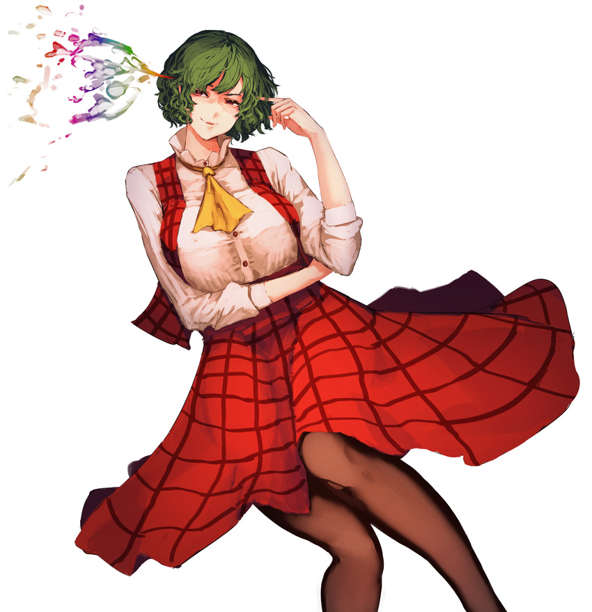absurdres ascot breasts closed_mouth collared_shirt commentary_request feet_out_of_frame finger_gun_to_head finger_to_head green_hair hand_up head_tilt highres kazami_yuuka kikimifukuri knees_up large_breasts lips long_skirt long_sleeves looking_at_viewer lying on_back pantyhose plaid plaid_skirt plaid_vest red_eyes shirt short_hair simple_background skirt skirt_set smirk solo touhou vest wavy_hair white_background white_shirt