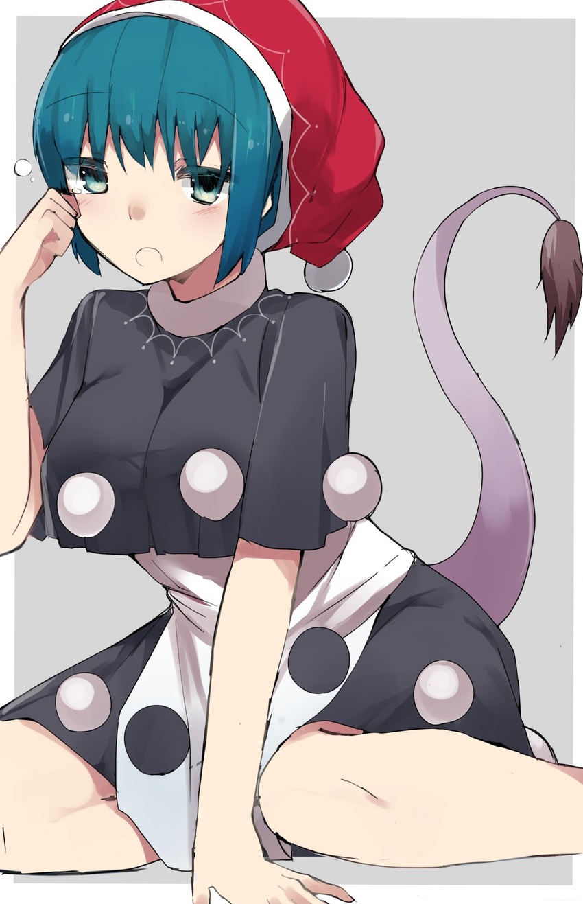 bad_id bad_twitter_id bangs black_capelet blue_eyes blue_hair blush capelet doremy_sweet eyebrows_visible_through_hair hand_up hat highres looking_at_viewer nightcap open_mouth outside_border pom_pom_(clothes) rubbing_eyes sakaki_(utigi) short_hair sitting solo tail tapir_tail tears touhou