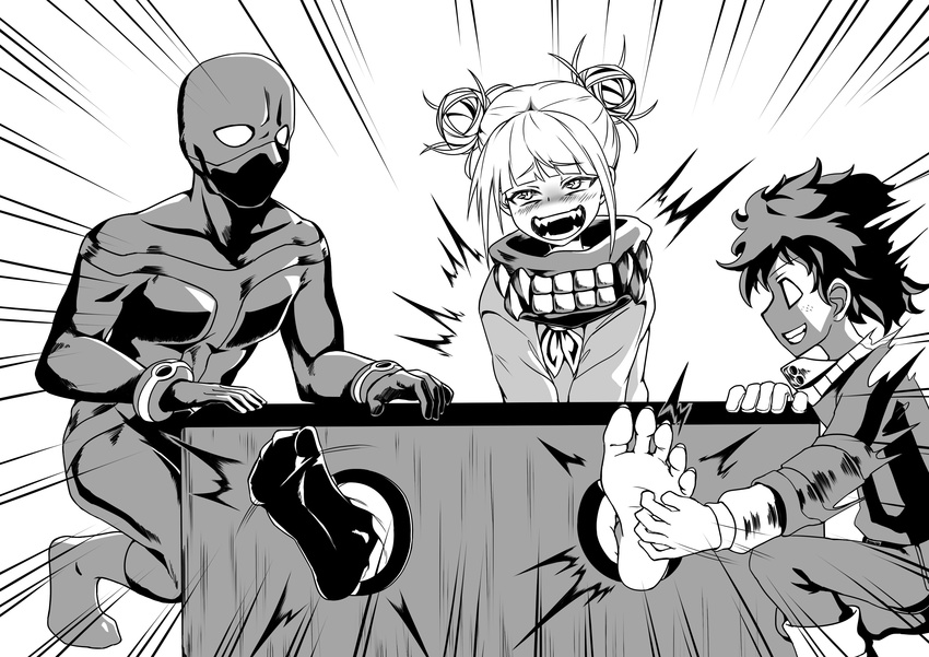 1girl 2boys absurdres barefoot blush boku_no_hero_academia feet foot_tickling greyscale hands_on_feet highres laughing midoriya_izuku monochrome multiple_boys no_shoes restrained school_uniform smile socks sole soles tickle_torture toes toga_himiko