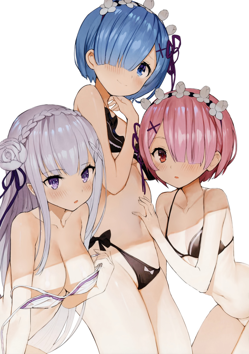 absurdres bare_shoulders bikini bikini_pull black_bikini black_bikini_top blue_eyes blue_hair blush bow_bikini breasts bright_pupils cleavage closed_mouth collarbone cowboy_shot emilia_(re:zero) flower hair_flower hair_ornament hair_over_one_eye hairband hand_on_another's_stomach hand_on_own_thigh highres large_breasts lavender_hair lolita_hairband looking_at_viewer matsui_hiroaki multiple_girls navel non-web_source parted_lips pink_hair pointy_ears purple_eyes ram_(re:zero) re:zero_kara_hajimeru_isekai_seikatsu rem_(re:zero) scan short_hair siblings simple_background sisters small_breasts smile swimsuit twins white_background white_bikini white_bikini_bottom x_hair_ornament