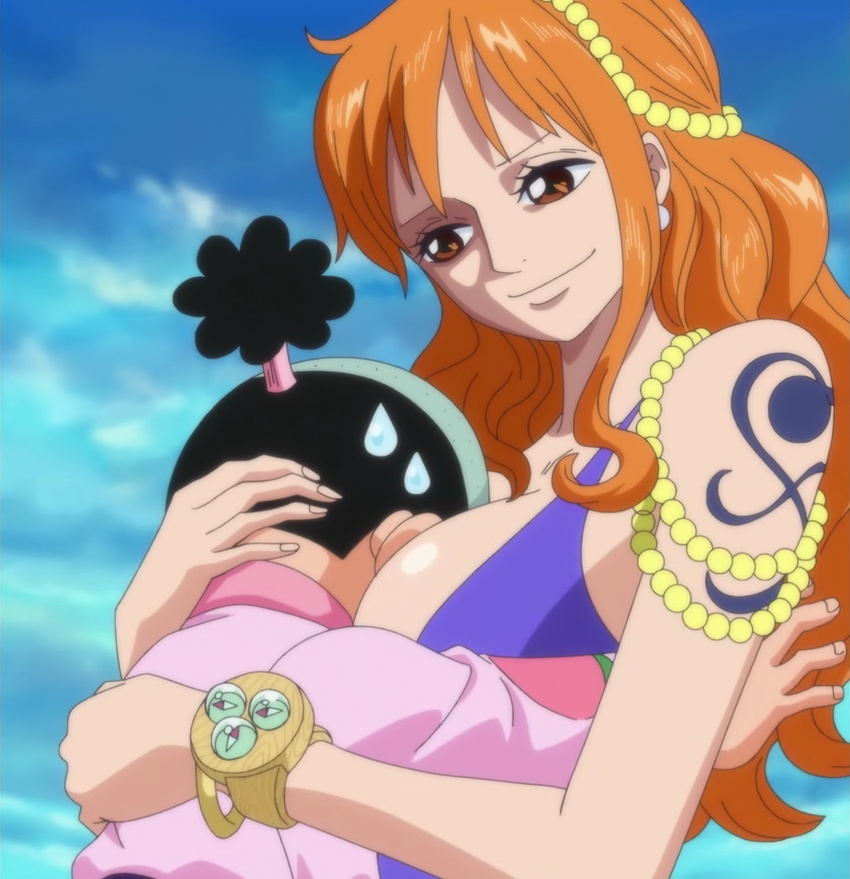 1boy 1girl age_difference breast_smother breasts cleavage dress hug huge_breasts long_hair momonosuke_(one_piece) nami_(one_piece) one_piece orange_hair screencap smile
